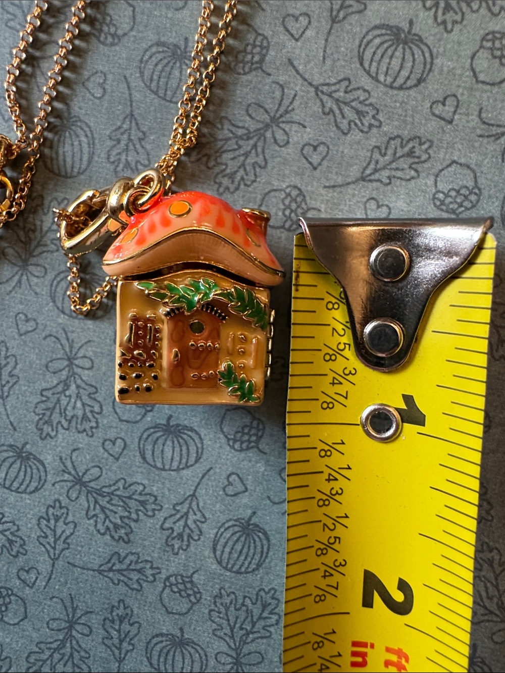 18K Gold Orange Mushroom House Cottagecore Pendant Locket Necklace - Picture 7 of 10